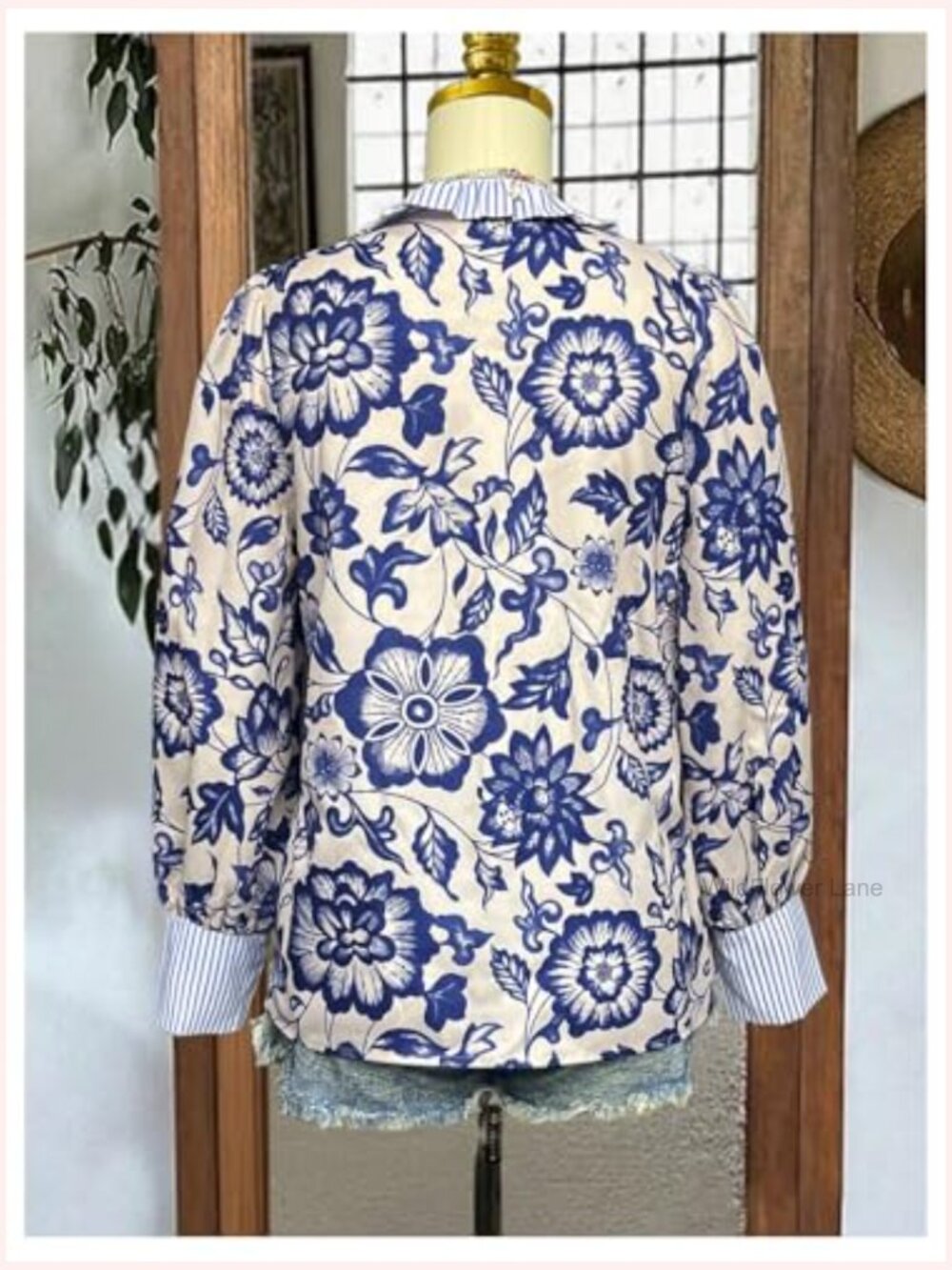 Boho Floral Striped Button Up Blouse Dressy Work Shirt Colorblock Long Sleeve - Picture 3 of 5
